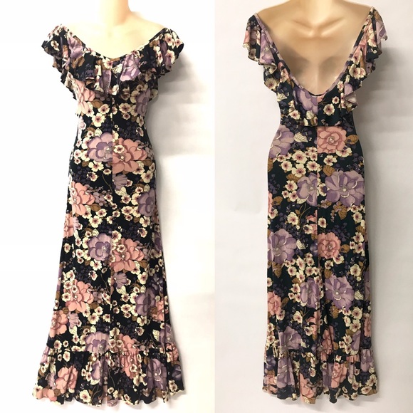 Vintage Dresses & Skirts - VTG Dark Floral Form Fitting Maxi Dress
